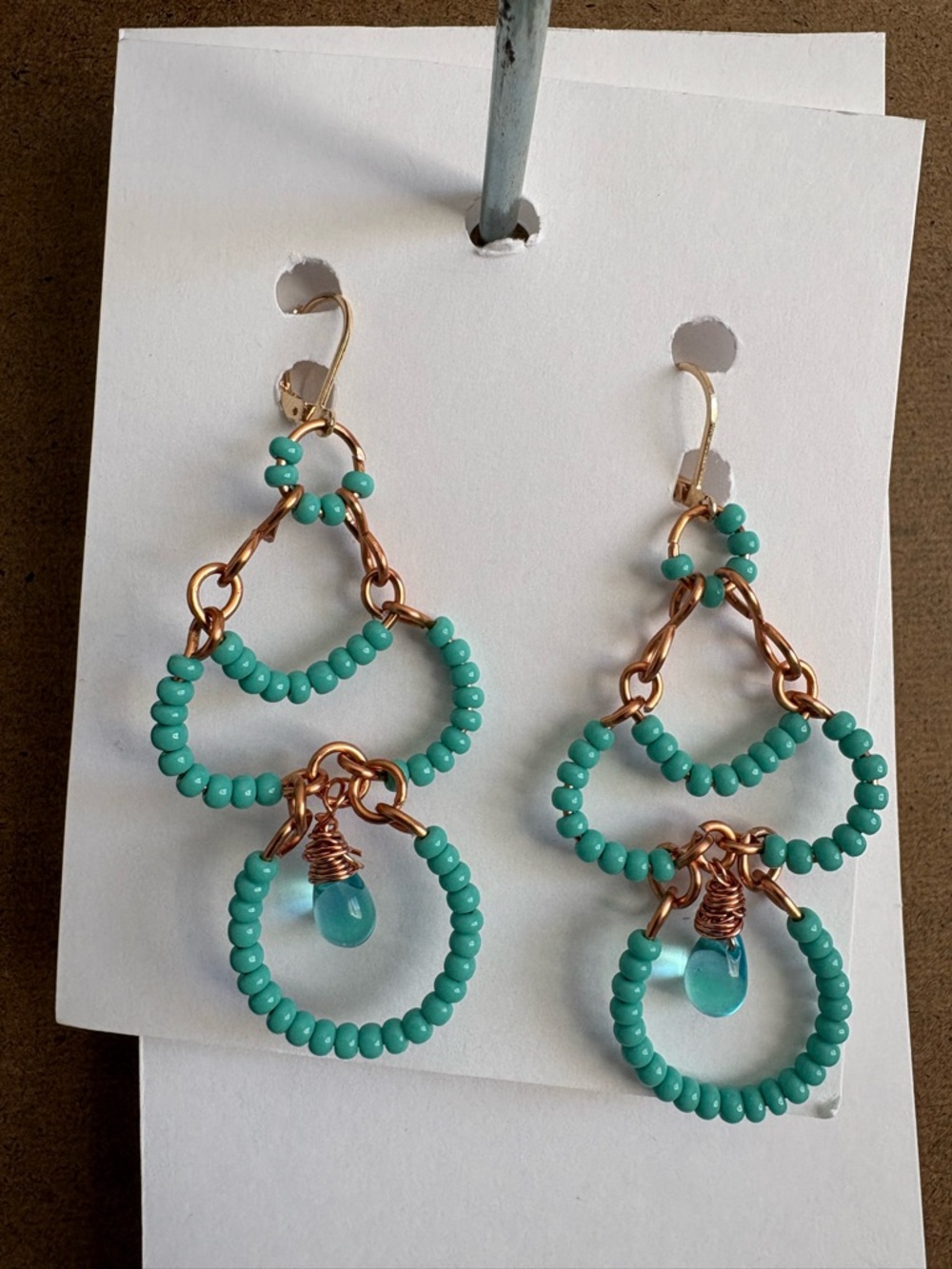 Hand Crafted Turquoise Beaded Hoop Drop Earrings with Gold Wire